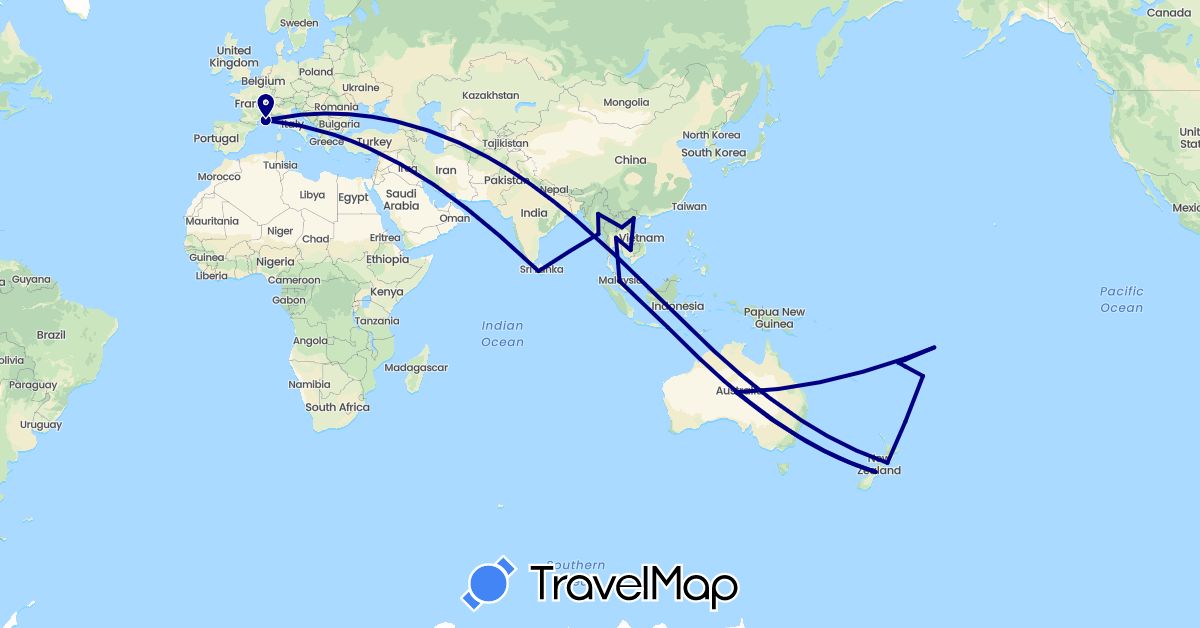 TravelMap itinerary: driving in Australia, Fiji, France, Indonesia, Cambodia, Laos, Sri Lanka, Myanmar (Burma), Malaysia, New Zealand, Thailand, Tonga, Vietnam, Samoa (Asia, Europe, Oceania)
